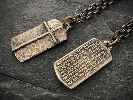 The Lord s Prayer Necklace Bronze Pendant with Cross 24 Inch Chain Cheap