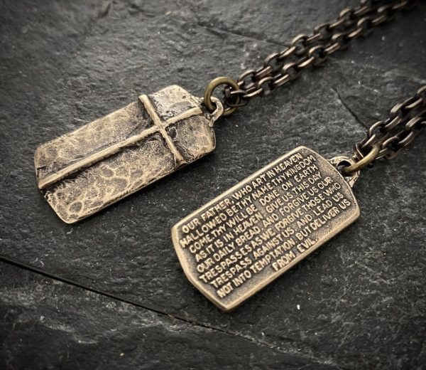 The Lord s Prayer Necklace Bronze Pendant with Cross 24 Inch Chain Cheap