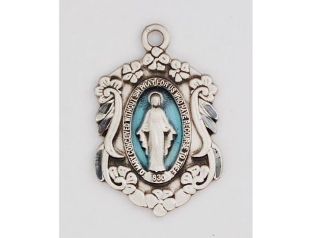 SS Miraculous Medal With Blue Enamel and Flower Border Necklace Discount