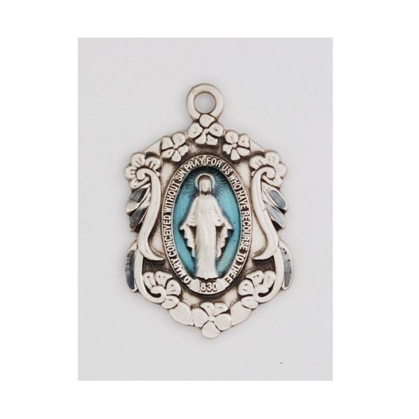 SS Miraculous Medal With Blue Enamel and Flower Border Necklace Discount