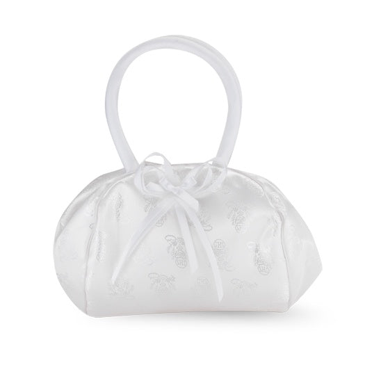 White Satin Chalice Brocade First Communion Purse With Bow on Sale