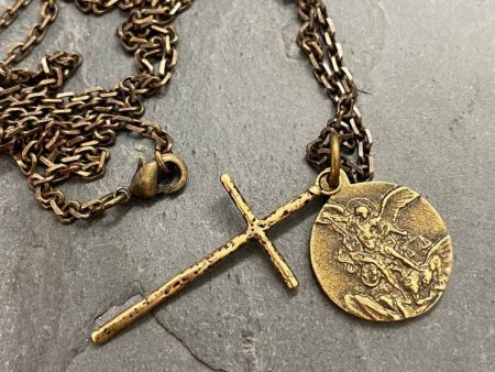 St Michael & Cross Men s Necklace 24 Inch Chain on Sale