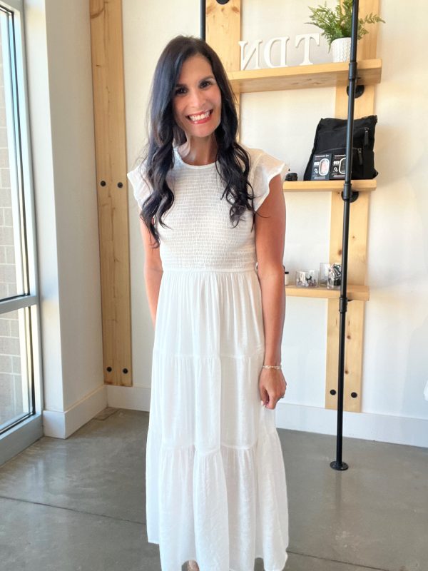 Smocked Tiered Midi Dress in White on Sale