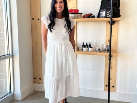 Smocked Tiered Midi Dress in White on Sale