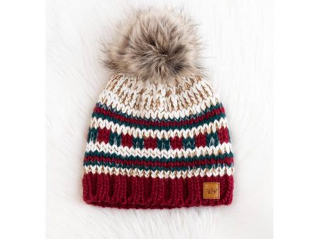 Beige, Red & Green Striped Pom Hat Online