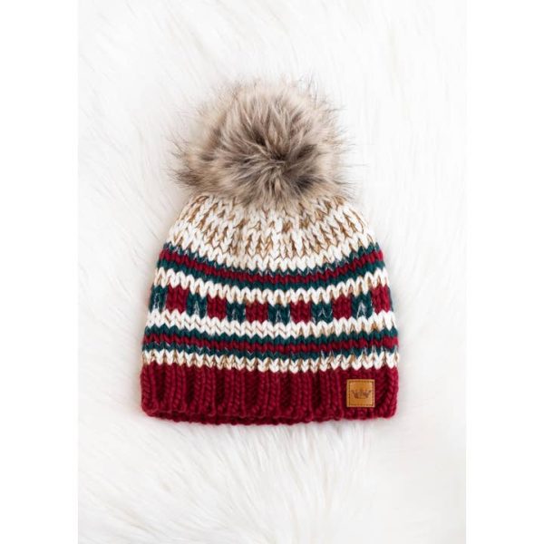 Beige, Red & Green Striped Pom Hat Online