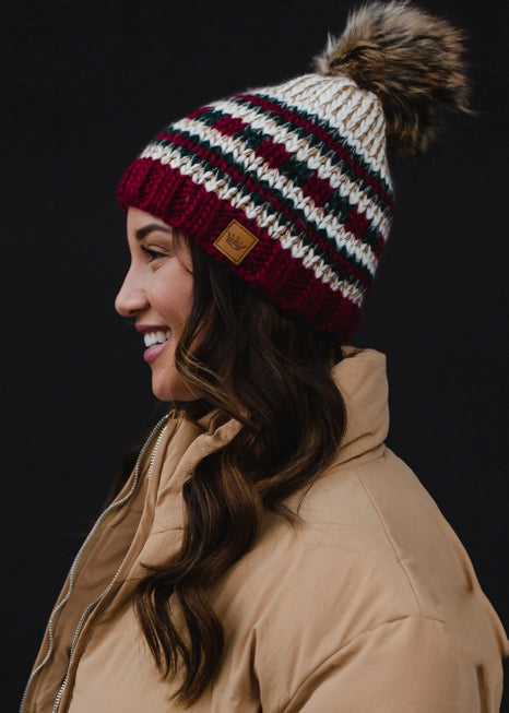 Beige, Red & Green Striped Pom Hat Online